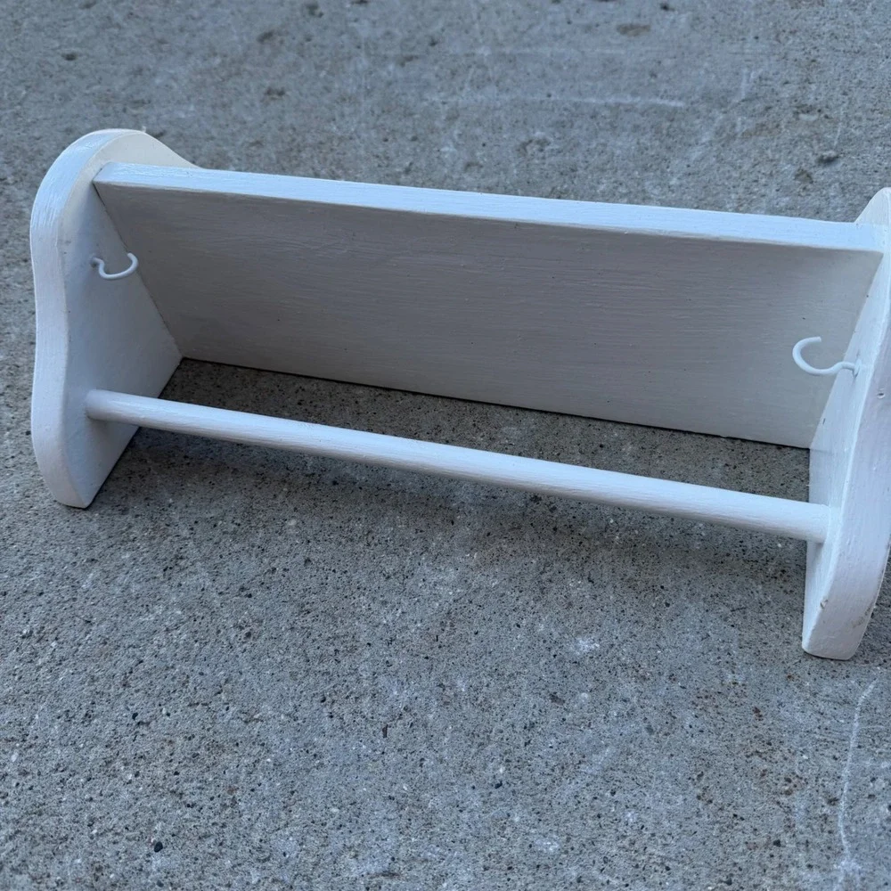 Vintage White Wood Scalloped Wall Shelf with Towel Bar and Hooks Decor 14in